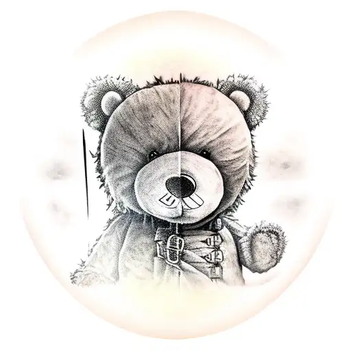 old weathered skinny teddy bear with a large broadsword on his shoulder walking into the sunset in garden  tattoo design idea