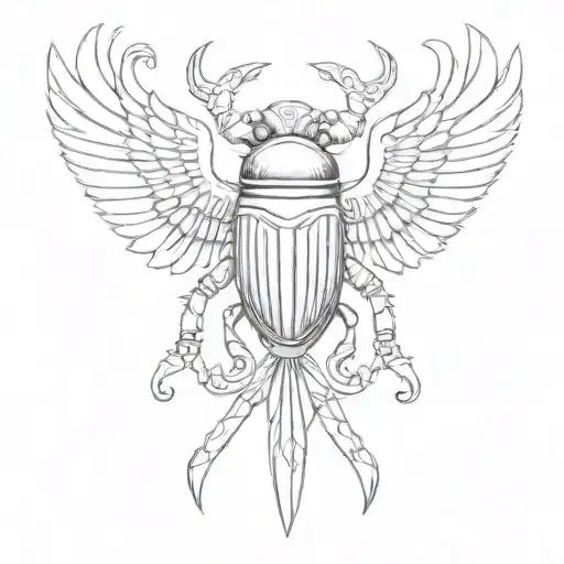 An Egyptian scarab on a sword, the scarab's wings are spread, straight tattoo design idea