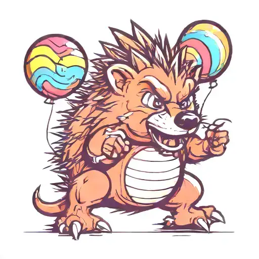 angry  headgehog popping balloons with its spikes tattoo design idea