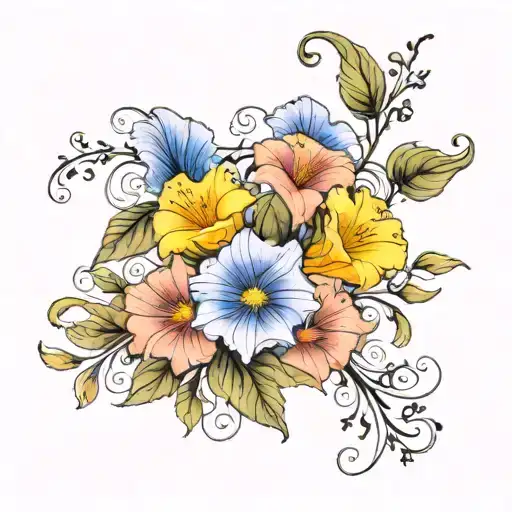 Color Infused Black and Grey "Aster And Morning Glory Vine" Tattoo Idea