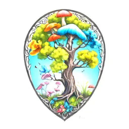 tree of life surrounded by colorful mushrooms tattoo design idea