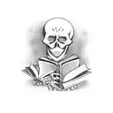 A mysterious skeleton reading a book in a blackwork style tattoo design idea