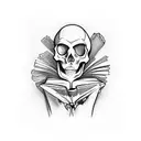 A mysterious skeleton reading a book in a blackwork style tattoo design idea