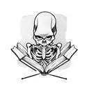 A mysterious skeleton reading a book in a blackwork style tattoo design idea
