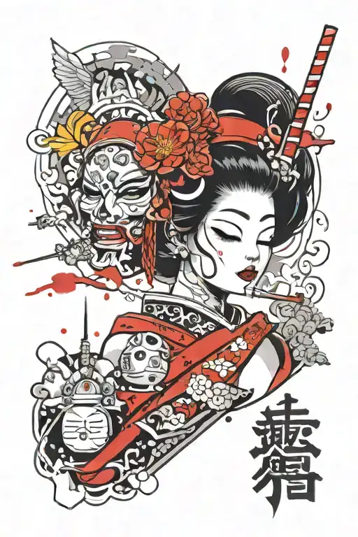 hanya mask and geisha, with doraemon smoking a joint, dead baby angel tattoo design idea