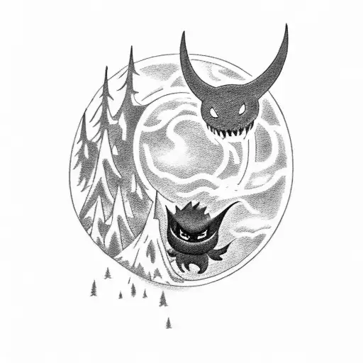 A hauntingly beautiful scene of Gengar, Gastly, and Haunter lurking in a moonlit forest tattoo design idea