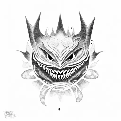 A mesmerizing dotwork tattoo featuring Gengar, Gastly, and Haunter surrounded by swirling shadows tattoo design idea