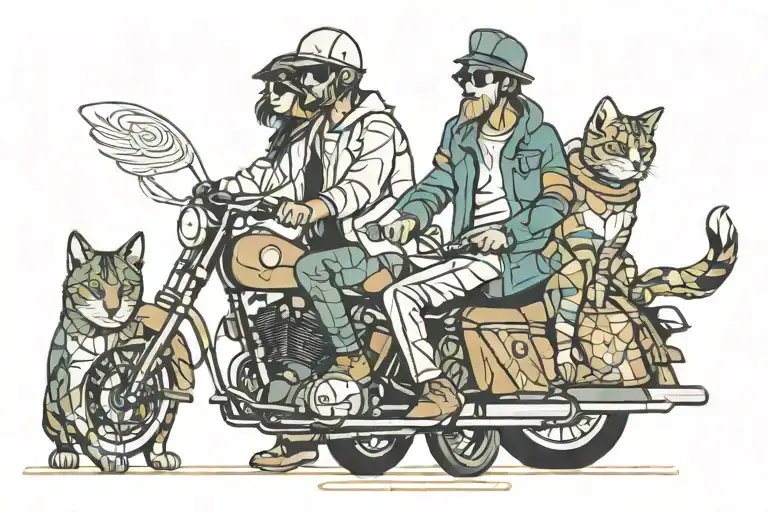 2d tattoo colorful design of couple riding a motorcycle with a dog and a cat tattoo design idea