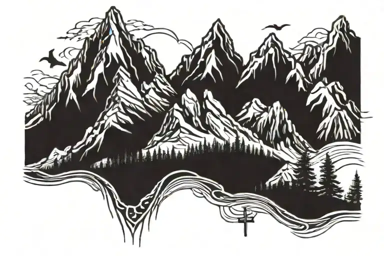say Godspeed with mountains and then a cross going down the wrist and inside the mountains it says there will be mountai tattoo design idea