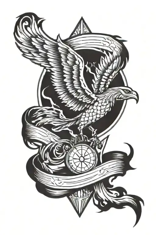ave fenix rises from sun, signo libra zodiac sign intertwined tattoo design idea
