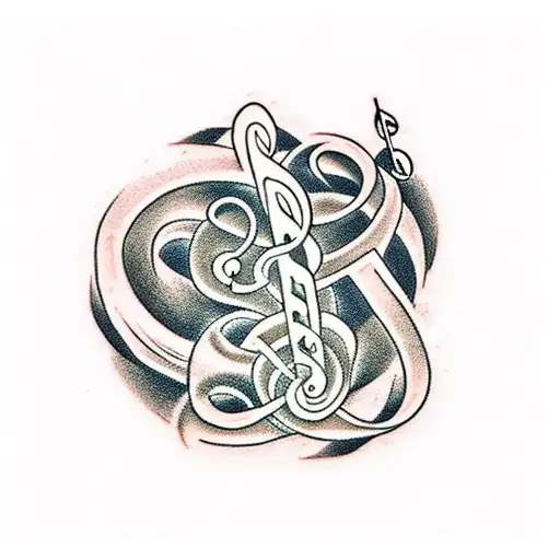 Musical notes intertwined with cat silhouettes tattoo design idea