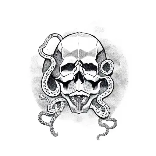 Skull with clouds behind and snakes coming out eyes tattoo design idea