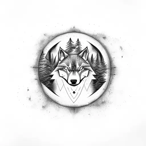 A fierce wolf running through a forest with a yin-yang symbol on its chest tattoo design idea