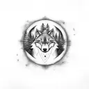 A fierce wolf running through a forest with a yin-yang symbol on its chest tattoo design idea