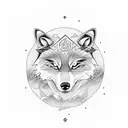 A fierce wolf running through a forest with a yin-yang symbol on its chest tattoo design idea