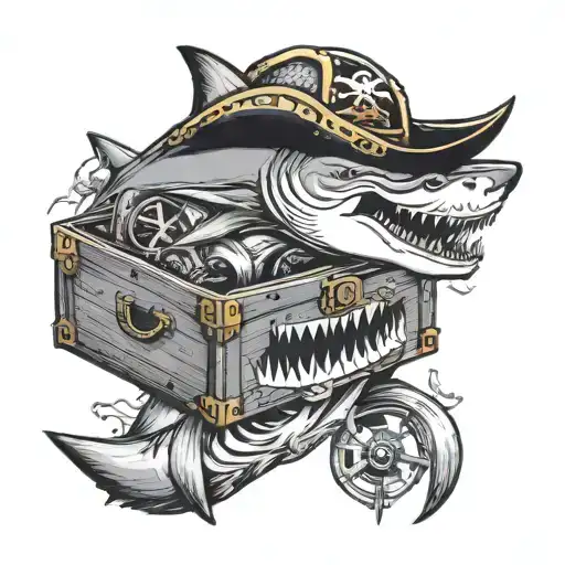 A fierce shark with a pirate hat and a treasure chest filled with musical instruments tattoo design idea