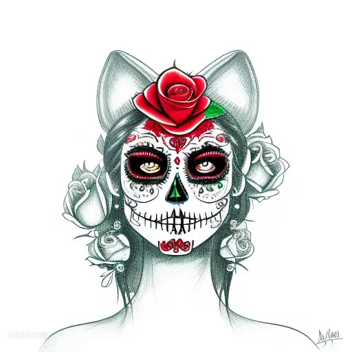 mexican catrina with a red rose, green eyes, profile View and real women face tattoo design idea