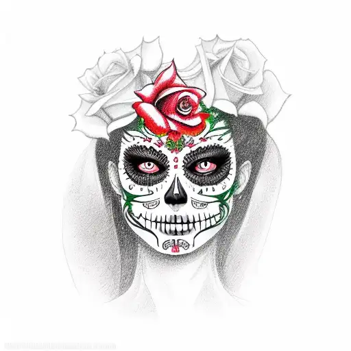 mexican catrina with a red rose and green eyes, profile View and real women face tattoo design idea