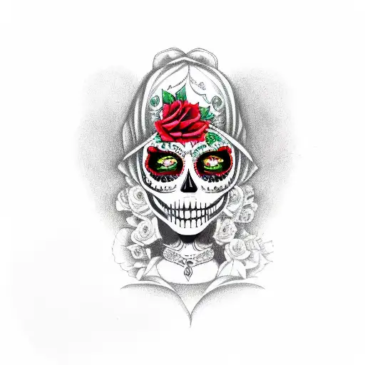 mexican catrina with a red rose and green eyes tattoo design idea