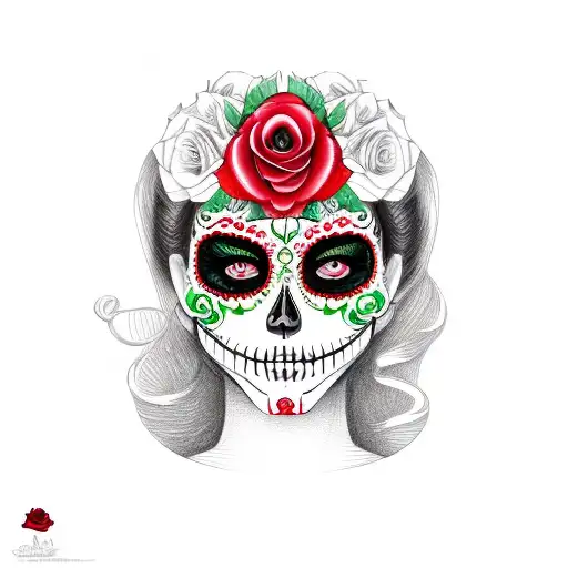 mexican catrina with a red rose and green eyes, profile View and real women face tattoo design idea