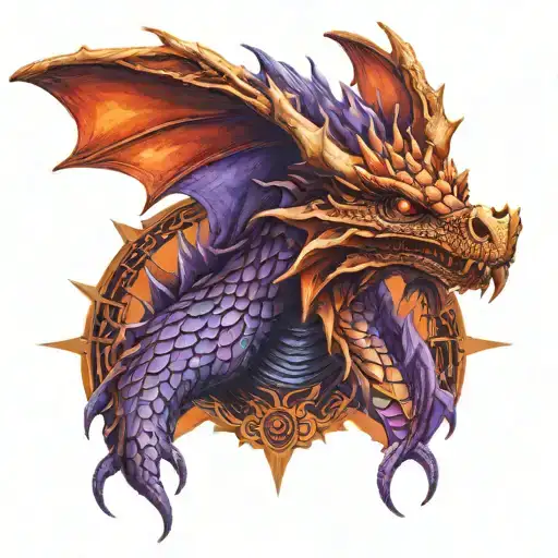 realist dragon head with wings outspread, in orange, purple and red.   tattoo design idea