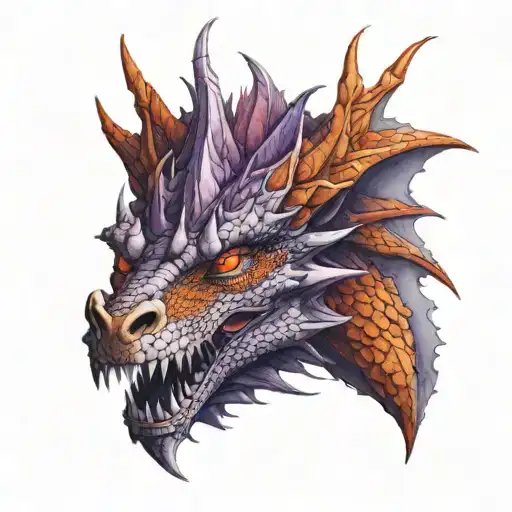 realist dragon head with wings outspread, in orange, purple and red.   tattoo design idea