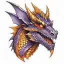 realist dragon head with wings outspread, in orange, purple and red.   tattoo design idea