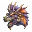 realist dragon head with wings outspread, in orange, purple and red.   tattoo design idea