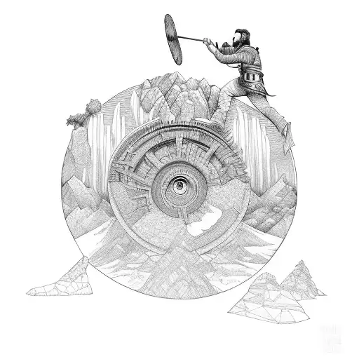 King Sisyphus ascending a hill, pushing a large and detailed gear wheel instead of a rock tattoo design idea