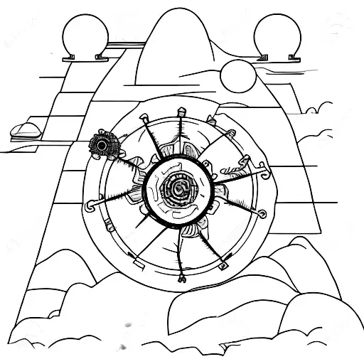 Picture King Sisyphus determinedly ascending a hill, pushing a large and intricately detailed gear wheel instead of a ro tattoo design idea