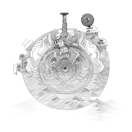 King Sisyphus determinedly ascending a hill, pushing a large and intricately detailed gear wheel instead of a ro tattoo design idea