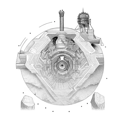 King Sisyphus determinedly ascending a hill, pushing a large and intricately detailed gear wheel instead of a ro tattoo design idea