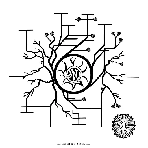 electronic type circuit board lines from chest to forearm representing dharma and branches of life tattoo design idea