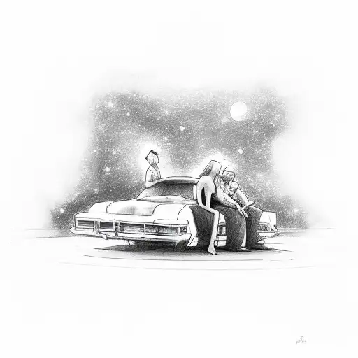 two people laying on the hood of a car, sharing a cigarette and looking at stars tattoo design idea