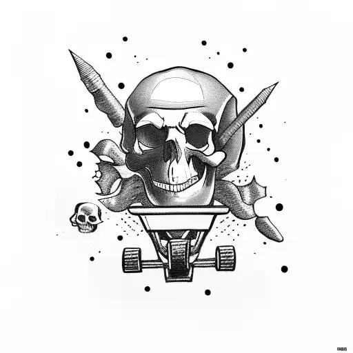 Skull with skateboard on planet with joint tattoo design idea
