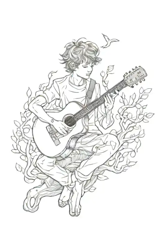 A boy and his guitar intertwined with the tree of life tattoo design idea
