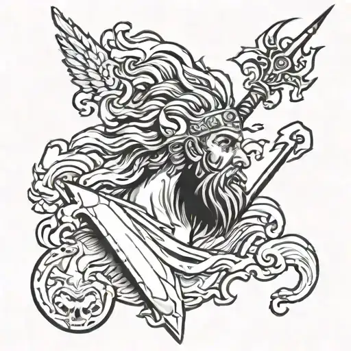 A dynamic and powerful design featuring Zeus wielding a lightning bolt, Poseidon with a trident, and Hades with a skull, symbolizing the three major Greek gods of the underworld, sea, and sky tattoo design idea