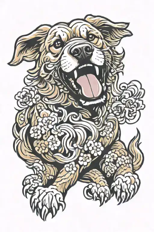 fu dog  golden retriever growling tattoo design idea