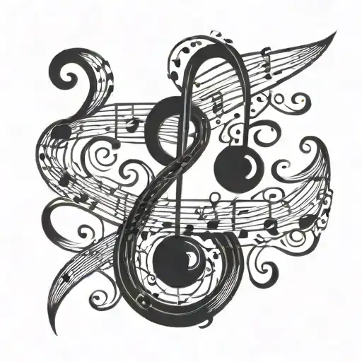 A stylized music note intertwined with a winding road symbolizing running, with silhouettes of friends in the background tattoo design idea