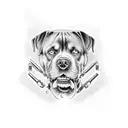 old wizard man in middle, freightliner semi top left, rottweiler face top right, tattoo gun underneatgh tattoo design idea