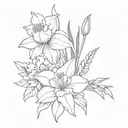 flower bouquet with narcissus, larkspur and daffodil tattoo design idea