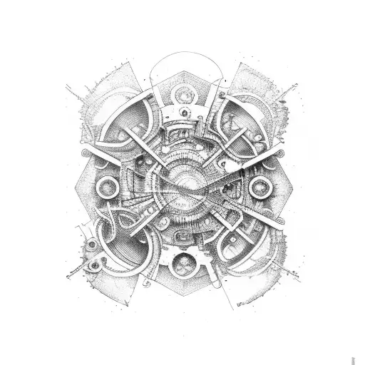 Industrial machinery merged with psychedelic elements tattoo design idea