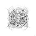 Industrial machinery merged with psychedelic elements tattoo design idea