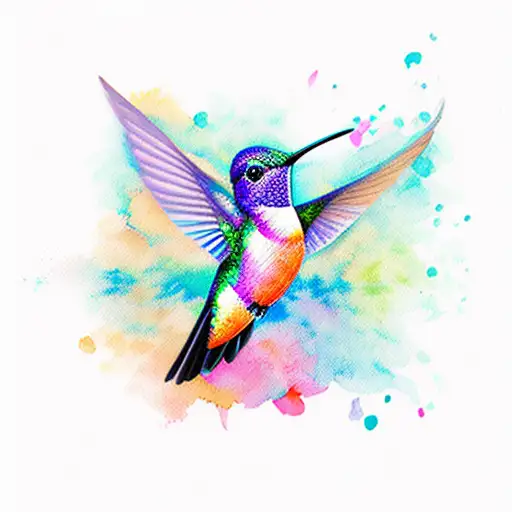 Hummingbird watercolor with muted blues, oranges, and teals tattoo design idea