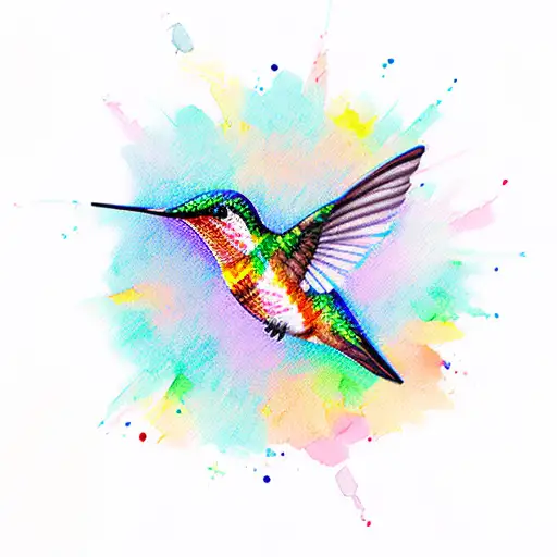 Hummingbird watercolor with blues, oranges, and teals tattoo design idea