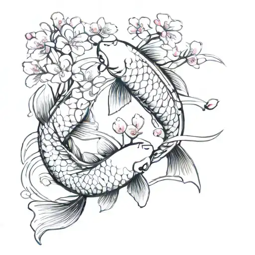 2 koi carp with Japanese cherry blossoms tattoo design idea