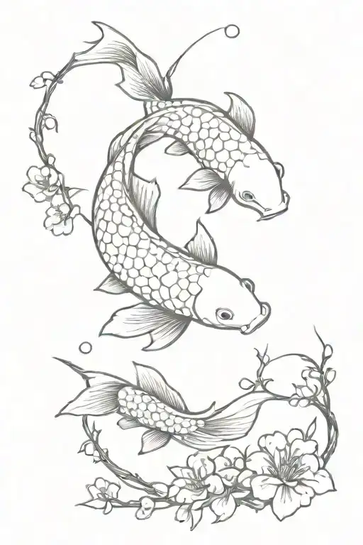 koi carp with Japanese cherry blossoms tattoo design idea