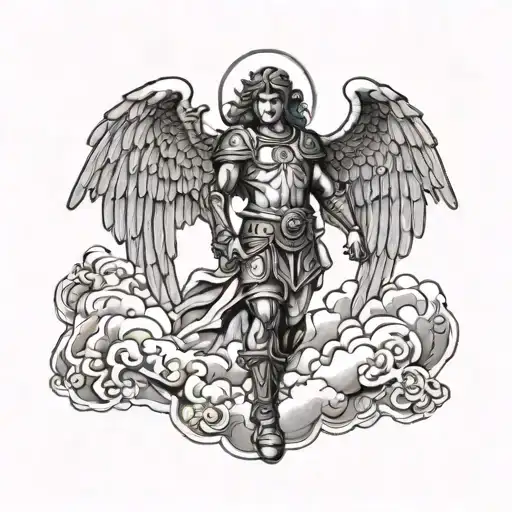 st. michael the archangel, simetric wings,  clouds under his feet tattoo design idea