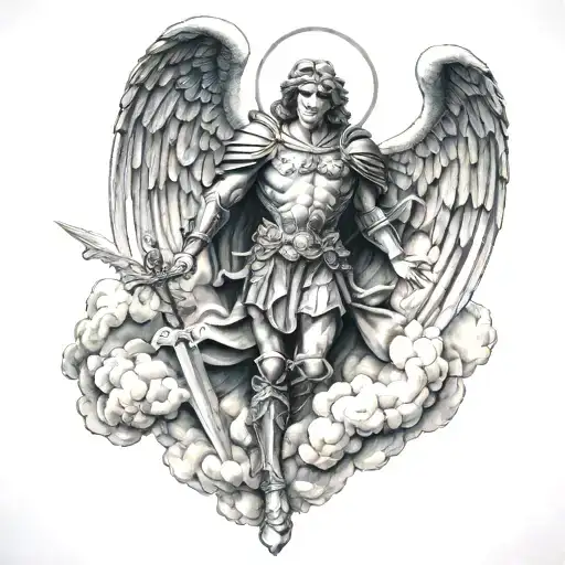 St. Michael the archangel, dark clouds under his feet tattoo design idea