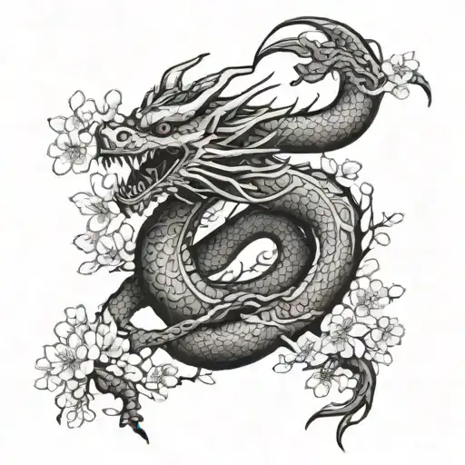 A dragon wrapped around a Japanese cherry blossom tree tattoo design idea